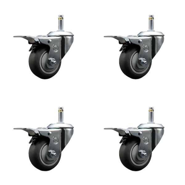 3'' Thermo Rubber Swivel 7/16'' Stem Caster Set with Total Lock Brake, 4PK